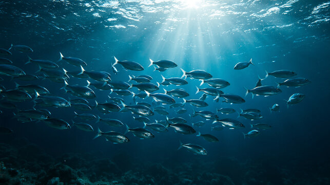 A school of small fish swims together under the ocean surface as bright sunrays pierce the deep blue water. Perfect background for marine biology and environmental conservation.