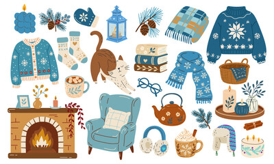 Fototapeta premium Cozy winter hygge vector set with fireplace, sweaters, scarf, candles, hot cocoa, cat, armchair, books and warm home accessories for seasonal designs