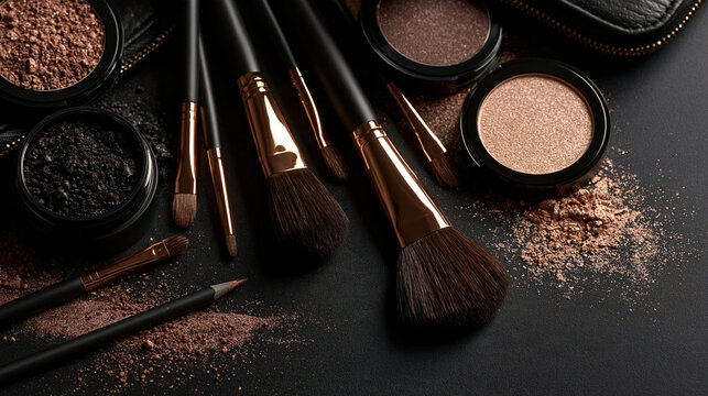 Professional makeup brushes and eyeshadow pigments arranged on a dark black background. Perfect for beauty industry advertising or cosmetic product marketing campaigns.