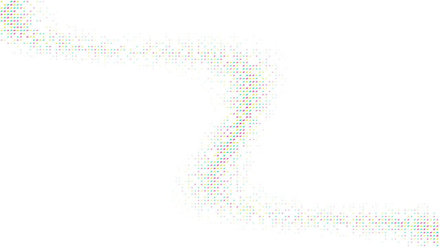 Sinuous flowing path of small multicolored glowing dots creating a curved wave pattern on a dark black background, for digital visual isolated on a transparent background
