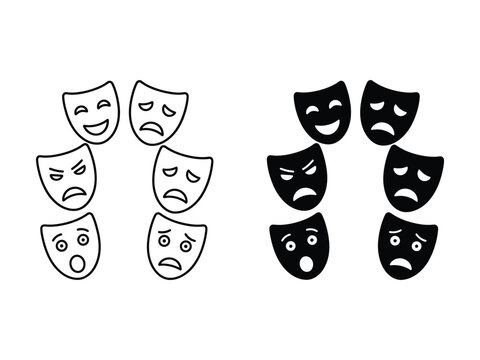 Theatrical masks with different emotions on white background
