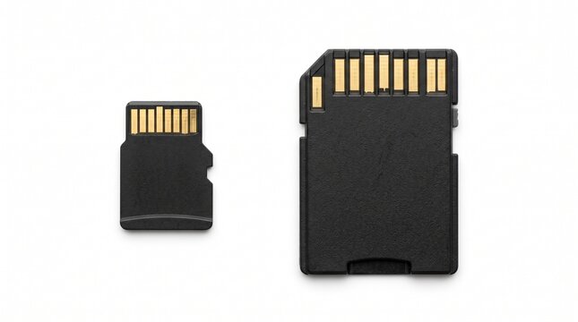 Micro sd card and standard sd memory card comparison showing physical size difference isolated on white background