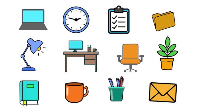 Animated Office and Workspace Icon Pack. Clean 2D animated icon set colorful workspace elements.