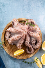 Seafood octopus. Whole fresh raw octopus on wooden board with lemon, herb on blue background, top view. © Maria