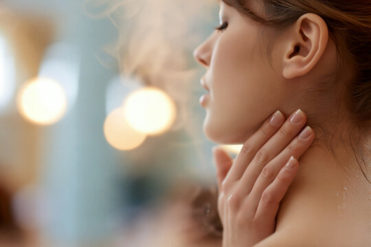 Female fingertips performing a gentle spa massage on the side of a woman neck with sz&eacute;chenyi thermal bath architecture behind