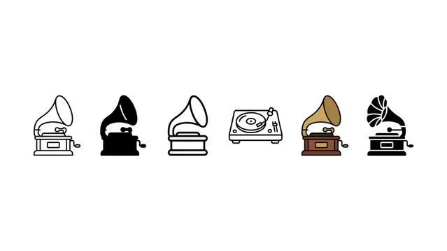 A collection of vintage gramophone and modern turntable music player vector icons
