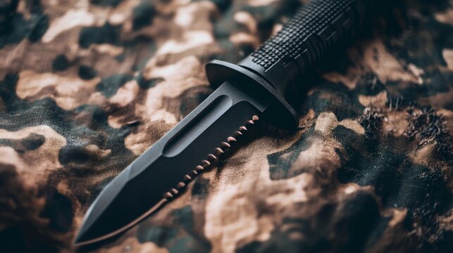 A black tactical knife with a serrated edge rests on camouflage fabric