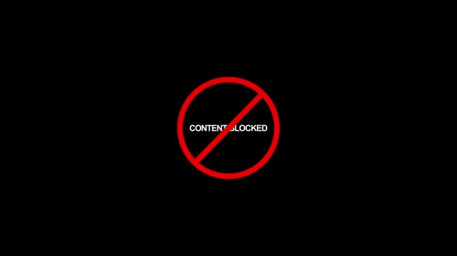 Prohibition sign with text content locked appearing on black background, motion graphic animation