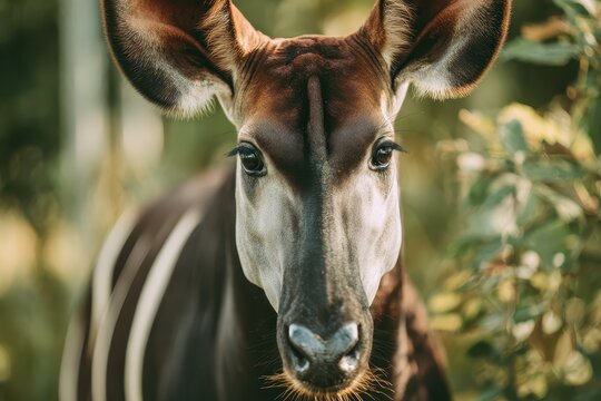 Okapi's intense gaze, unique stripes, and giraffe link. Captivating wildlife beauty in a mesmerizing close-up