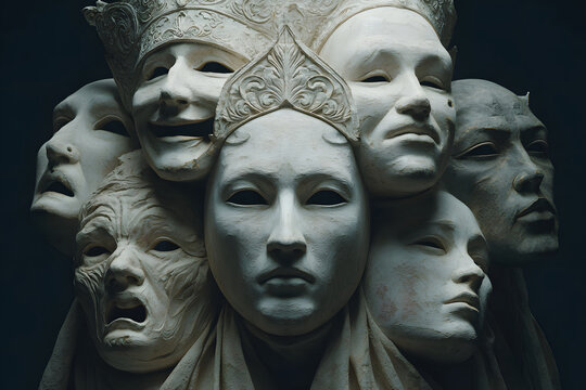 Fake emotion, play a role concept. Character holds msks our face with differen emotions. Choice of moods hiding behind a false mas. Defense and playing to te audience. Psychology.&nbsp;