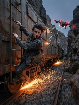 Man Clings to Moving Train as Drone Fires Sparks