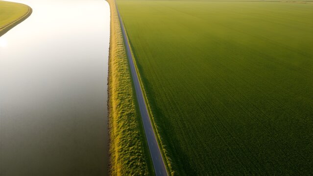 Aerial view of a curving dike road beside water, flood protection landscape