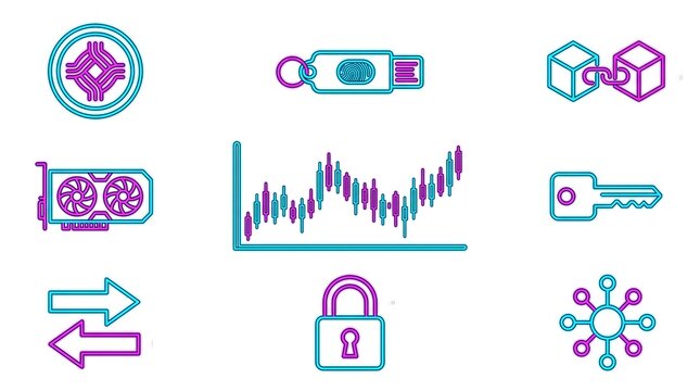 Set of neon cryptocurrency and blockchain technology icons for