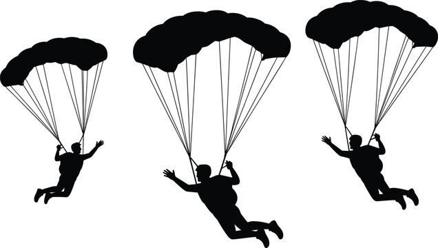 Three skydivers silhouette with open parachutes descending through the air, isolated on a white background, for extreme sports, and adventure themed