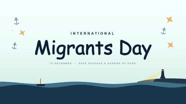 International Migrants Day vector banner with ocean waves, small boat, and lighthouse illustration.
