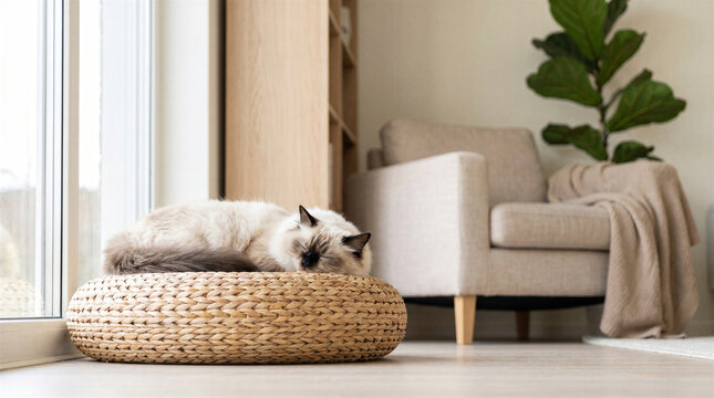 A fluffy ragdoll cat sleeping peacefully on a round woven straw cushion in a cozy, bright living room interior