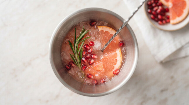 Top view of a refreshing grapefruit and pomegranate cocktail with rosemary in a metal cup on a marble surface