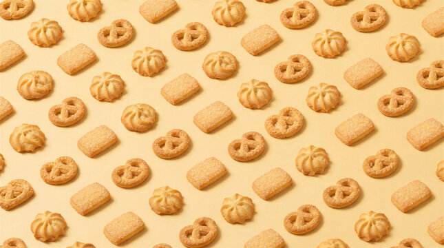 Pattern of various butter cookies and pretzels on a light beige background