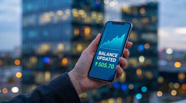 Closeup of a person holding a smartphone displaying a positive financial balance update with a rising stock market graph