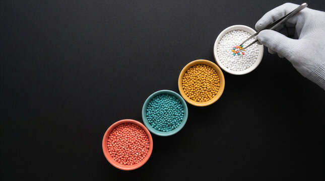 Top view of colorful plastic resin pellets in small bowls with a gloved hand using tweezers on a black background