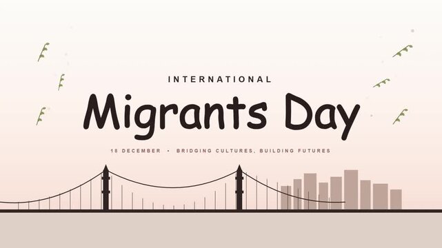 International Migrants Day vector banner with bridge and city silhouette for global awareness.