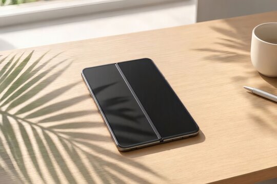 Clean minimalist workspace background with empty foldable phone screen
