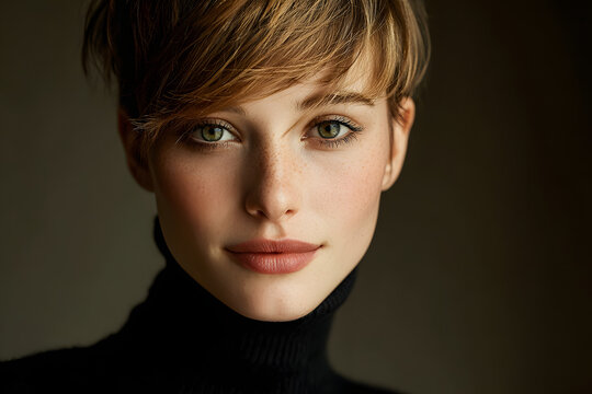 Portrait of woman with honey blonde pixie cut in black turtleneck, timeless fashion style