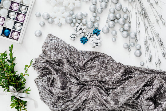 Baubles in a box and sequin textile