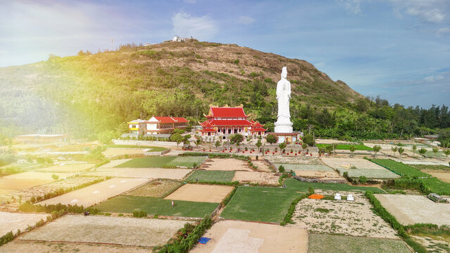 Aerial panorama of sacred Hai Lam Pagoda on sunny Ly Son island