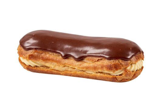 Delicious chocolate eclair with cream filling isolated on a