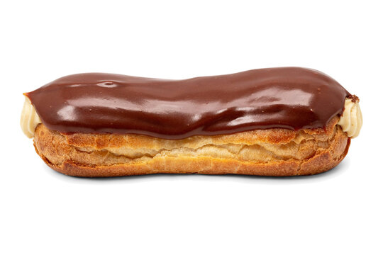 Delicious chocolate eclair pastry with cream filling isolated on a