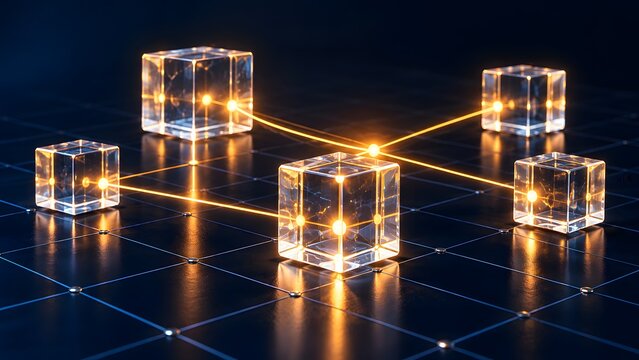 Digital blockchain network concept with glowing glass cubes interconnected