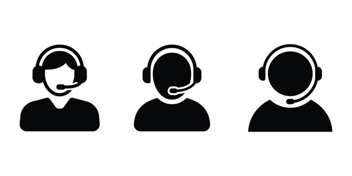 Set of three black and white customer service representative icons wearing headsets for communication and support concepts
