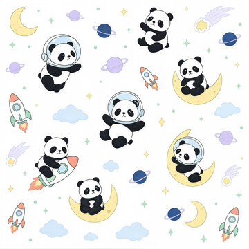 Cute Kawaii Panda Space Adventure Seamless Pattern with Rockets and Planets