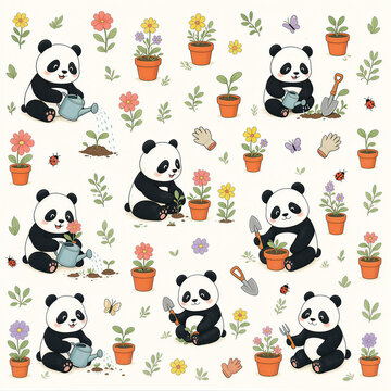 Cute Kawaii Panda Gardening Seamless Pattern with Flowers, Pots and Watering Cans