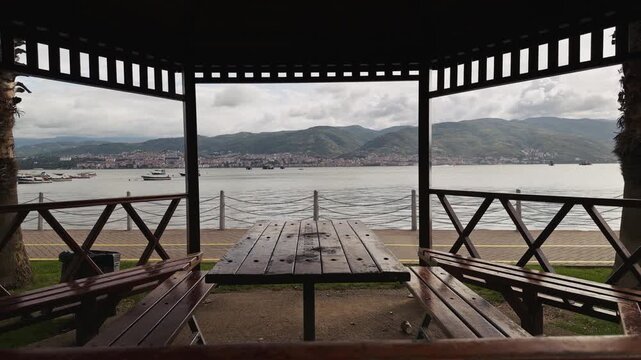 Wooden Picnic Table in Gazebo Overlooking Izmit Bay