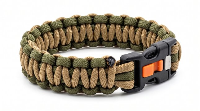 Tactical paracord survival bracelet, braided military cord wristband, emergency outdoor gear on white background