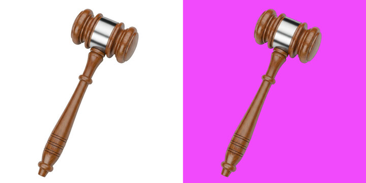 Wooden judge gavel on white and pink background