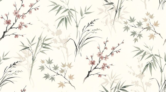 Bamboo and plum blossom pattern in traditional East Asian ink wash painting style
