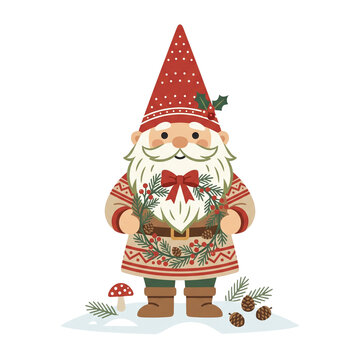 Charming vector illustration of a cute Christmas gnome wearing a tall red polka dot hat with holly leaves holding a festive pine wreath with red berries against a white background
