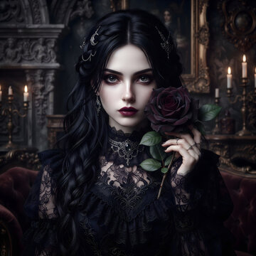 Gothic woman with dark rose and black lace dress