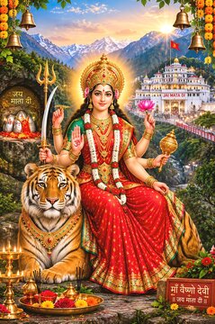 Maa Vaishno Devi Seated On Tiger With Vaishno Devi Temple Darshan And Jai Mata Di Greeting