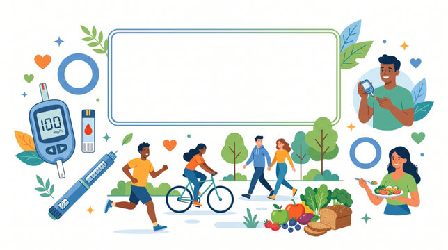 Active lifestyle and diabetes management banner template with diverse people exercising vector
