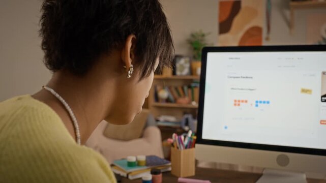 African American teenager writing math exercises during online tutoring session with desktop computer. Video suitable for e learning platform ads, STEM education campaigns, and tutoring services