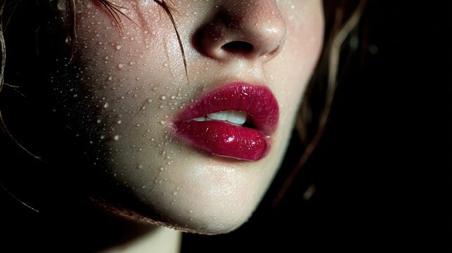 Wet Skin Radiance: A Close-Up Beauty Portrait With Red Lips and Water Droplets