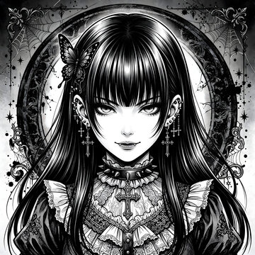 Gothic anime girl with fangs, crosses, and butterfly in dark frame