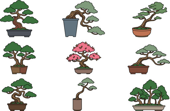 Japanese Bonsai Tree Miniature Plant Vector Icon Set Featuring Varied Traditional Styles Curved Trunks and Ornamental Ceramic Pots for Zen Nature Graphic Designs
