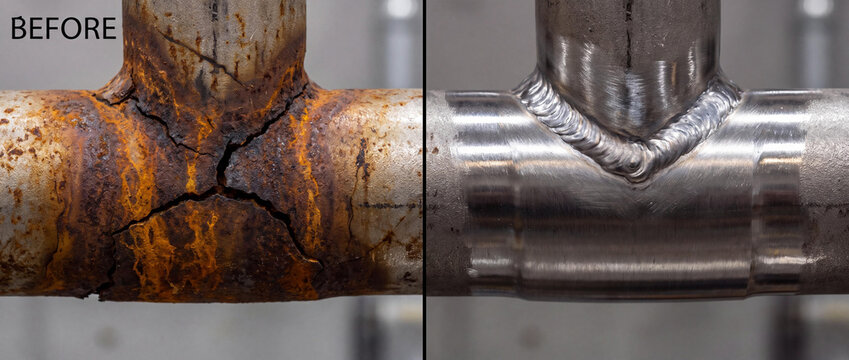 Industrial Pipe Restoration Comparison Showing Rusted Cracked Metal Joint Versus Clean Professionally Welded Stainless Steel