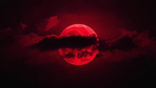 Crimson red moon glowing eerily behind dark moving clouds during a creepy Halloween night sky motion background video