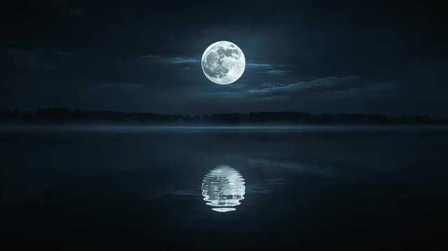 Full moon shining brightly over calm dark water reflecting peaceful night scenery in continuous loop video footage